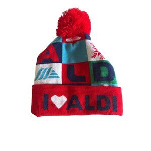 Aldi Gear Red & Multicolor Winter Beanie Hat With Pom